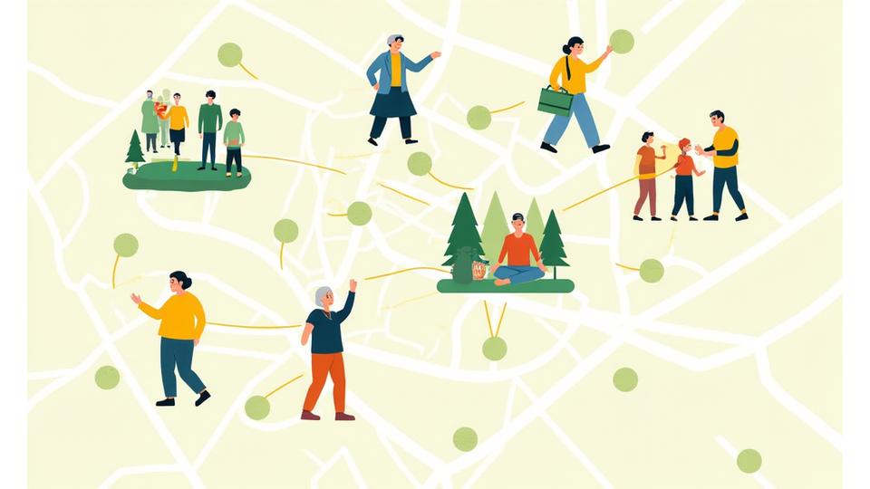 Mapa estilizado de Madrid con iconos que representan puntos de encuentro de la comunidad 55+, mostrando diversidad y actividad.