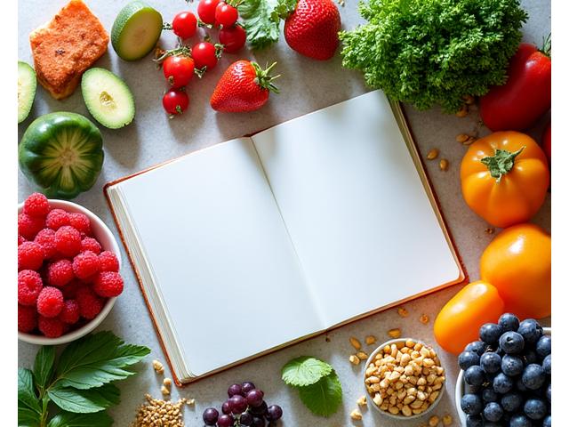 Mesa con una variedad de alimentos saludables como frutas, verduras, pescado y nueces, con un planificador de comidas al lado.